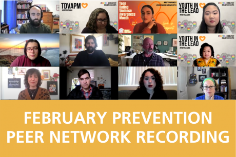 A group of people gather virtually on a Zoom meeting. Underneath is white text against a yellow background, reading, "FEBRUARY PREVENTION PEER NETWORK RECORDING".